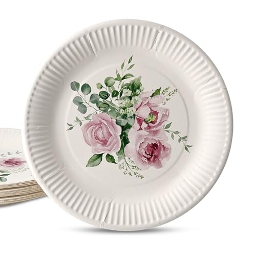 ECOFIESTA 40x Pappteller für Geburtstage 23 cm Rosen & Eukalyptus - Partygeschirr plastikfrei - Einweggeschirr, JGA Deko von ECOFIESTA