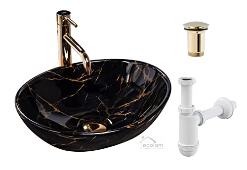 ECOLAM® Aufsatzwaschbecken Sofia Black Marble schwarz Hochglanz glamour Keramik Handwaschtisch Waschbecken Waschschale Marmor - Muster Steinmuster oval + Pop Up Ventil Gold glänzend + Siphon von ECOLAM