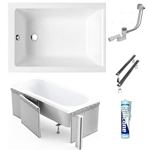 ECOLAM® Badewanne Capri Mini Polimat kleine Wanne Rechteck Acryl weiß 100x70 cm + Styroporverkleidung zum Verfliesen Ablaufgarnitur Ab- und Überlauf Automatik Füße Silikon von ECOLAM