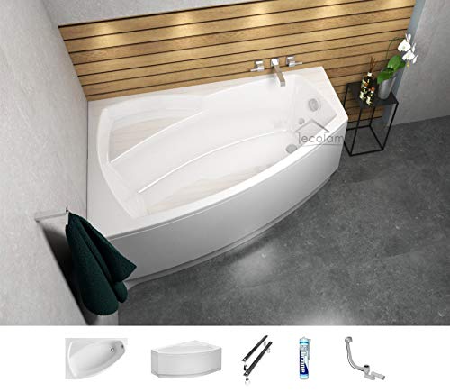 ECOLAM® Badewanne Eckbadewanne Acryl Frida Polimat weiß 150x90 cm LINKS + Schürze Ablaufgarnitur Ab- und Überlauf Automatik Füße Silikon Komplett-Set von ECOLAM