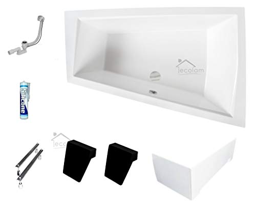 ECOLAM® Badewanne Intima Duo Eckwanne für Zwei 170x125 cm RECHTS + Schürze aus Acryl + 2x Kopfstütze Ab- und Überlauf Automatik Füße Silikon Komplett-Set - PERFEKT FÜR ZWEI PERSONEN von ECOLAM