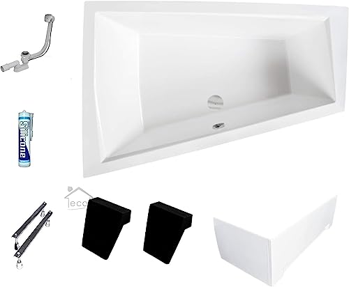 ECOLAM® Badewanne Intima Duo Eckwanne für Zwei 180x125 cm LINKS + Schürze aus Acryl + 2x Kopfstütze Ab- und Überlauf Automatik Füße Silikon Komplett-Set - PERFEKT FÜR ZWEI PERSONEN von ECOLAM
