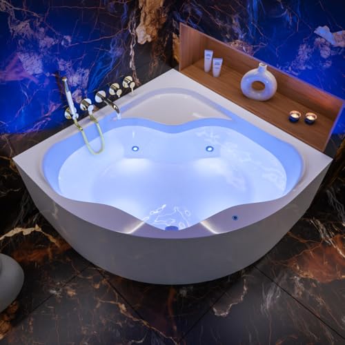 ECOLAM® Badewanne LED Beleuchtung SELMA 150x150 cm mit Acrylschürze | Eckwanne Antirutsch Beschichtung | Unterwasserbeleuchtung 8 Farben | Schürze Ablaufgarnitur Füße Silikon Komplett-Set von ECOLAM