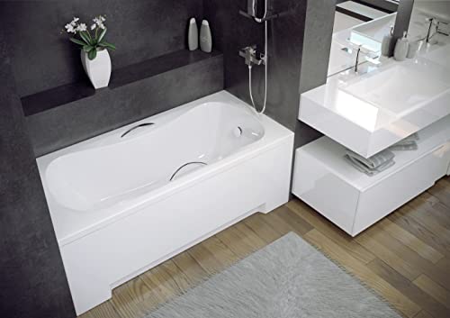 ECOLAM® Badewanne Rechteck Acryl Aria weiß 130x70 cm + 2 Handgriffe + Schürze Ablaufgarnitur Ab- und Überlauf Automatik Füße Silikon Komplett-Set von ECOLAM