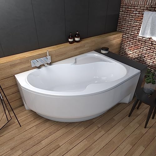 ECOLAM® Badewanne WELA 150x100 cm RECHTS Schürze | Wanne mit Antirutsch Beschichtung I Eckwanne Eckbadewanne + Ablaufgarnitur Alcaplast Füße Silikon Komplett-Set Acryl weiß von ECOLAM