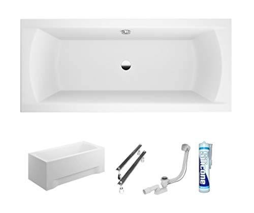 ECOLAM® Badewanne Wanne Rechteck Ines Polimat Design Acryl weiß 190x90 cm + Schürze Ablaufgarnitur Ab- und Überlauf Automatik Füße Silikon Komplett-Set, Rechteckbadewanne für Zwei von ECOLAM