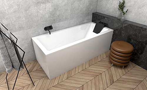 ECOLAM® Badewanne Wanne Rechteck Modern Design Acryl weiß 170x70 cm + Kopfstütze schwarz + Schürze Ablaufgarnitur Ab- und Überlauf Automatik Füße Silikon Komplett-Set von ECOLAM