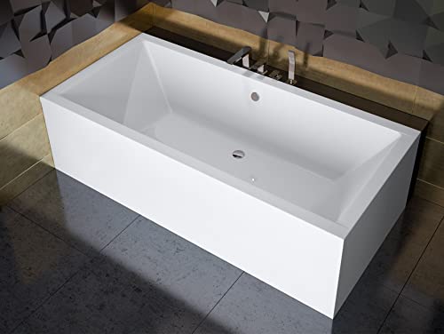 ECOLAM® Badewanne Wanne Rechteck Quadro Design Acryl weiß 170x75 cm + Ablaufgarnitur Ab- und Überlauf Automatik Füße Silikon Komplett-Set, Rechteckbadewanne für zwei von ECOLAM