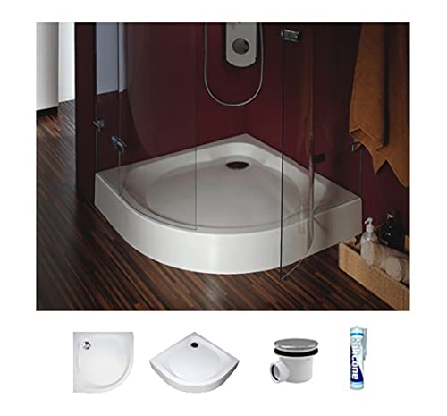 ECOLAM® Duschwanne Duschtasse New Style Polimat Viertelkreis 100x100 x16 cm Tiefe 5 cm R55 Acryl weiß + Siphon + Silikon von ECOLAM