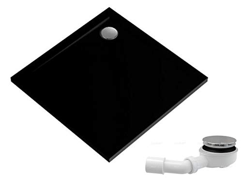 ECOLAM® flache Duschwanne Brausewanne Duschtasse Geos Polimat Black Viereck Quadrat 100x100 x 4,5 cm Tiefe 1,5 flach Stein Effekt schwarz + Siphon Alcaplast von ECOLAM