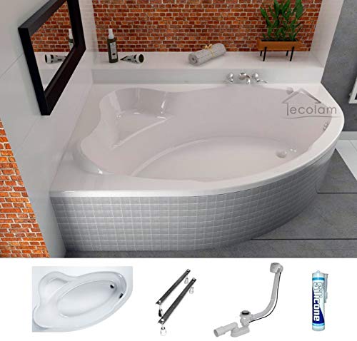ECOLAM® große Badewanne Eckwanne Comfort 180x120 cm LINKS Acryl weiß Ablaufgarnitur Ab- und Überlauf Automatik Füße Silikon große Liegefläche für Zwei von ECOLAM