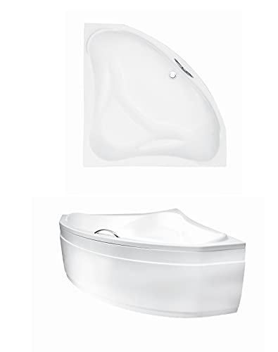 ECOLAM® symmetrische Badewanne Acryl Eckbadewanne Ewa 134x134 cm + Acryl Schürze + Handgriff Chrom Ablaufgarnitur Ab- und Überlauf Automatik Füße Silikon Komplett-Set von ECOLAM
