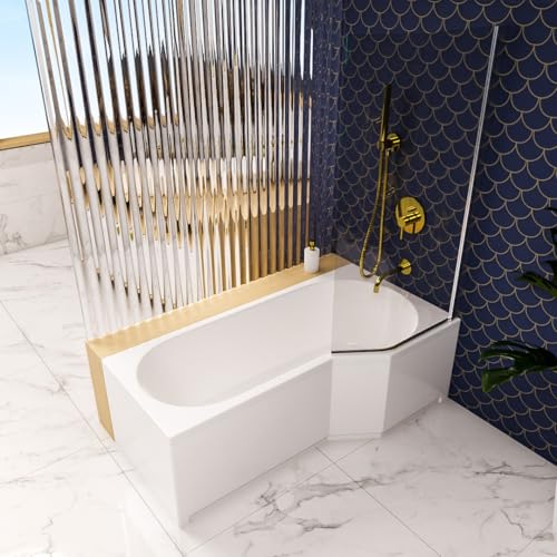 ECOLAM Badewanne Duschbadewanne Be Spot 160x80 cm rechts + Glasabtrennung Schürze | Set Acrylwanne + Glas Badewannenabtrennung Top QUALITÄT | Ablaufgarnitur Füße Komplett-Set Design von ECOLAM