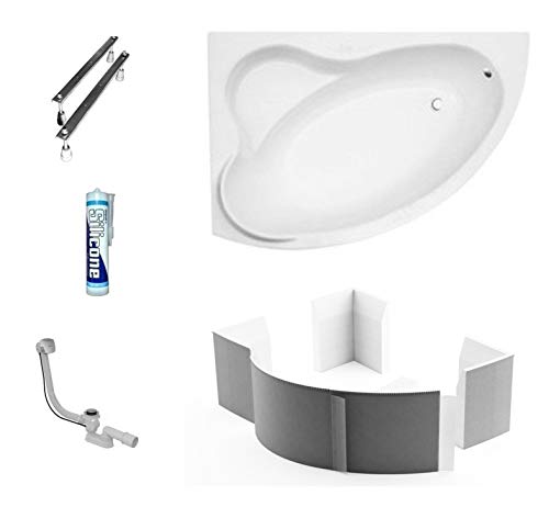 ECOLAM Badewanne Eckbadewanne Acryl Ada weiß 140x90 cm LINKS + Wannenträger Ablaufgarnitur Ab- und Überlauf Automatik Füße Silikon Komplett-Set von ECOLAM