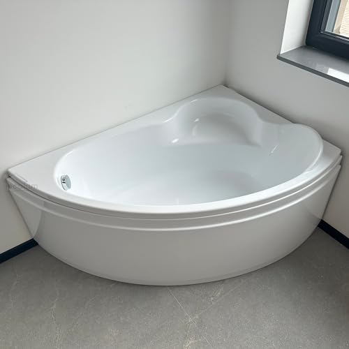 ECOLAM Badewanne Eckbadewanne Acryl Ada weiß 140x90 cm RECHTS + Schürze Ablaufgarnitur Ab- und Überlauf Automatik Füße Silikon Komplett-Set von ECOLAM