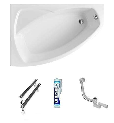 ECOLAM Badewanne Eckbadewanne Acryl Frida Polimat weiß 150x90 cm LINKS + Ablaufgarnitur Ab- und Überlauf Automatik Füße Silikon Komplett-Set von ECOLAM