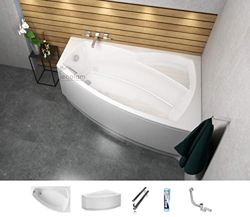 ECOLAM Badewanne Eckbadewanne Acryl Frida Polimat weiß 140x80 cm RECHTS + Schürze Ablaufgarnitur Ab- und Überlauf Automatik Füße Silikon Komplett-Set von ECOLAM