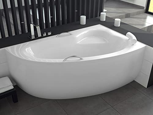ECOLAM Badewanne Eckbadewanne Acryl Natalia weiß 150x100 cm RECHTS + Schürze + weiße Kopfstütze + 2 x Handgriff Ablaufgarnitur Ab- und Überlauf Automatik Füße Silikon Komplett-Set von ECOLAM