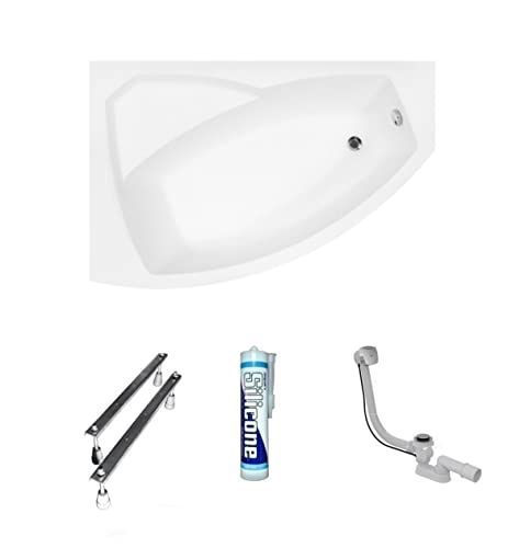 ECOLAM Badewanne Eckbadewanne Acryl Rima weiß 130x85 cm LINKS Ablaufgarnitur Ab- und Überlauf Automatik Füße Silikon Komplett-Set von ECOLAM