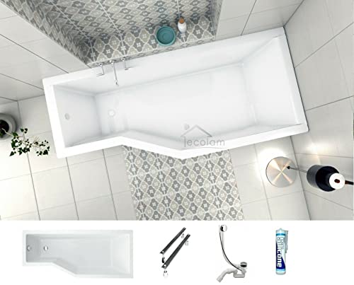 ECOLAM Badewanne Eckbadewanne Integra Acryl weiß 150x75 cm RECHTS Ablaufgarnitur Ab- und Überlauf Automatik Füße Silikon raumsparend platzsparend von ECOLAM