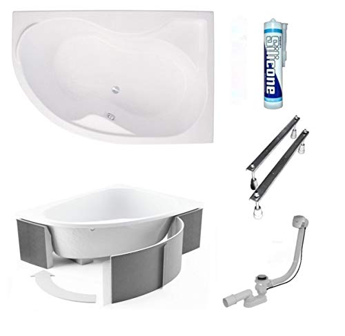 ECOLAM Badewanne Eckwanne Eckbadewanne Acryl weiß Dora Polimat 170x110 cm RECHTS + universeller Wannenträger + Ablaufgarnitur Ab- und Überlauf Automatik Füße Silikon - Komplett-Set von ECOLAM
