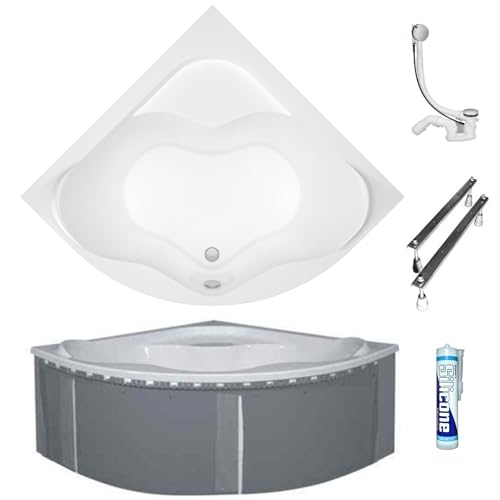 ECOLAM Badewanne SELMA 140x140 cm + Wannenträger zum Verfliesen | Eckwanne Eckbadewanne Acrylwanne Träger Styropor befliesbar | Ablaufgarnitur symmetrisch Acryl weiß Füße Silikon Set von ECOLAM