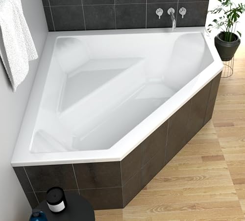 ECOLAM Badewanne Eckwanne Eckbadewanne IRMA 140 x 140 cm + Styropor Wannenträger befliesbar symmetrisch Acryl weiß Ablaufgarnitur Viega Ab- und Überlauf Automatik Füße Silikon von ECOLAM