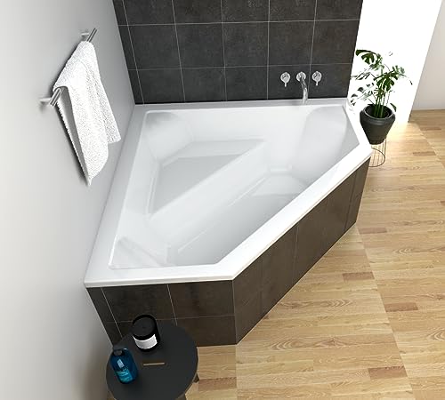 ECOLAM Badewanne IRMA 140 x 140 cm | Eckwanne Eckbadewanne Fünfeckform symmetrisch | Wanne mit Sitz | Acryl weiß Ablaufgarnitur Ab- und Überlauf Automatik Füße Silikon von ECOLAM