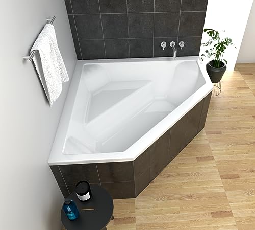 ECOLAM Badewanne Eckwanne Eckbadewanne IRMA 140 x 140 cm Fünfeckform symmetrisch Acryl weiß Ablaufgarnitur Viega Ab- und Überlauf Automatik Füße Silikon von ECOLAM