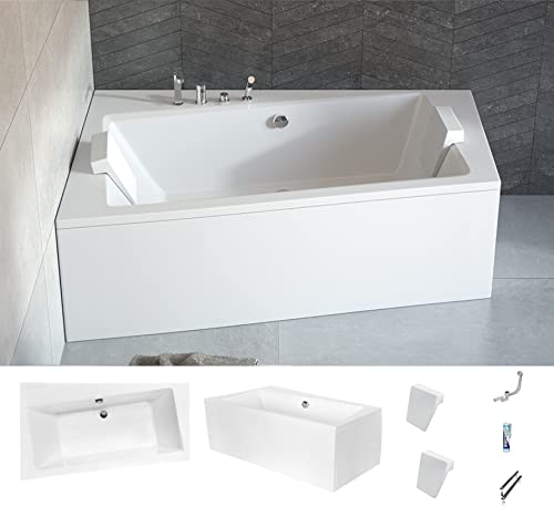 ECOLAM Badewanne Infinity Eckwanne für Zwei mit Ablauf mittig 160x100 cm LINKS + Schürze aus Acryl + 2x Kopfstütze modern Ab- und Überlauf Automatik Füße Silikon Komplett-Set von ECOLAM
