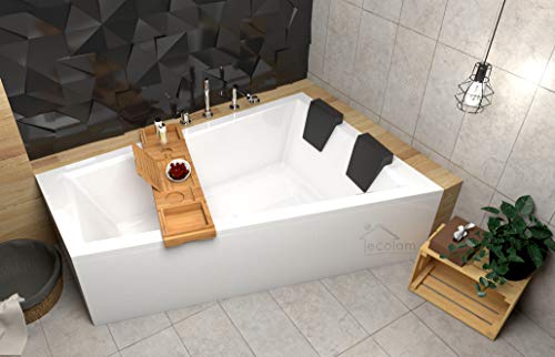 ECOLAM® Badewanne Intima Duo Eckwanne für Zwei 180x125 cm RECHTS + Ablage Bambus + Schürze aus Acryl + 2x Kopfstütze Ab- und Überlauf Automatik Füße Silikon Komplett-Set - PERFEKT FÜR ZWEI PERSONEN von ECOLAM