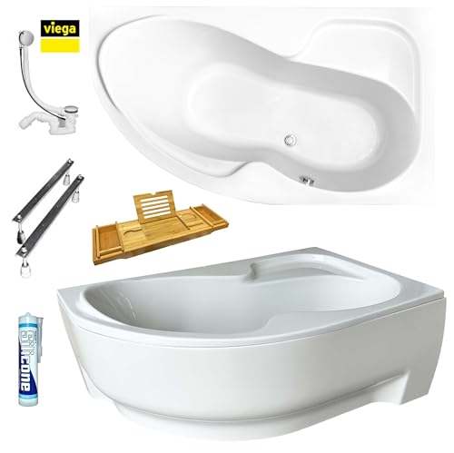 ECOLAM Badewanne WELA 150x100 cm rechts Schürze | Wanne mit Bambusablage Wannenbrücke | Eckwanne Eckbadewanne Antirutsch + Ablaufgarnitur VIEGA Füße Silikon Komplett-Set Acryl weiß von ECOLAM