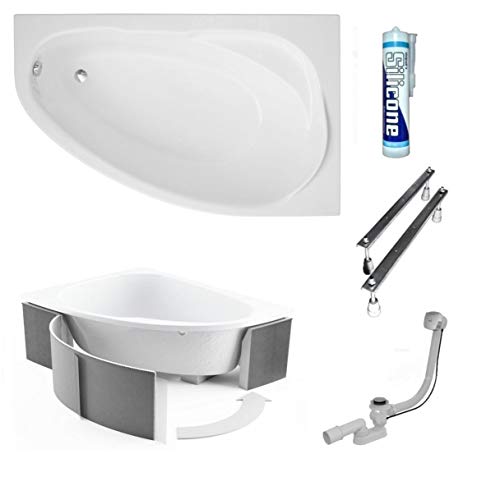 ECOLAM Badewanne Wanne Eckwanne Eckbadewanne Acryl weiß Marea Polimat 160x100 cm RECHTS+ Wannenträger Ablaufgarnitur Ab- und Überlauf Automatik Füße Silikon Komplett-Set von ECOLAM