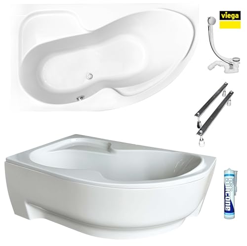 ECOLAM Badewanne WELA 160x100 cm LINKS Schürze | Wanne mit Antirutsch Beschichtung I Eckwanne Eckbadewanne + Ablaufgarnitur VIEGA Füße Silikon Komplett-Set Acryl weiß von ECOLAM