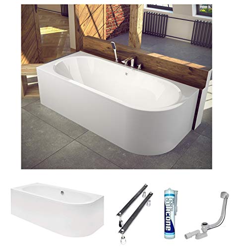 ECOLAM® Badewanne Avita 150x75 cm Schürze | Wanne Ablauf in der Mitte | Eckwanne Modern Design | Eckbadewanne links + Ablaufgarnitur Ab- und Überlauf Automatik Füße Silikon Komplett-Set Acryl weiß von ECOLAM