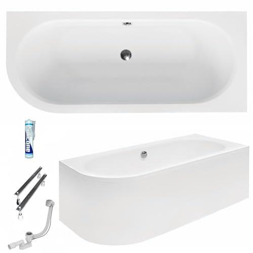 ECOLAM Badewanne Avita 150x75 cm Schürze | Wanne Ablauf in der Mitte | Eckwanne Modern Design | Eckbadewanne rechts + Ablaufgarnitur Ab- und Überlauf Automatik Füße Silikon Komplett-Set Acryl weiß von ECOLAM