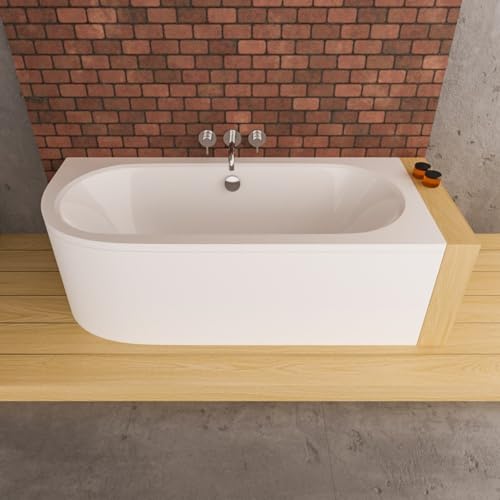 ECOLAM Badewanne Wanne Eckwanne Eckbadewanne für Zwei Modern Design Acryl weiß Avita 160x75 cm RECHTS + Schürze Ablaufgarnitur Ab- und Überlauf Automatik Füße Silikon Komplett-Set von ECOLAM