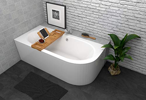 ECOLAM Badewanne Wanne Eckwanne Eckbadewanne für Zwei Modern Design Acryl weiß Avita 170x75 cm LINKS + Ablage Bambus + Schürze Ablaufgarnitur Ab- und Überlauf Automatik Füße Silikon Komplett-Set von ECOLAM