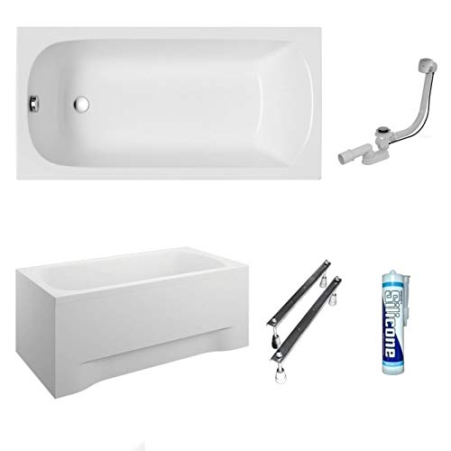 ECOLAM Badewanne Wanne Rechteck Classic Acryl weiß 130x70 cm + Schürze Ablaufgarnitur Ab- und Überlauf Automatik Füße Silikon Komplett-Set (130x70 cm) von ECOLAM