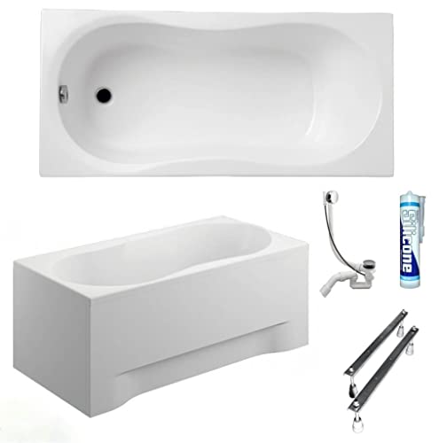 ECOLAM Badewanne Wanne Rechteck Gracja Polimat Acryl weiß 120x75 cm + Schürze Ablaufgarnitur Ab- und Überlauf Automatik Füße Silikon Komplett-Set Wanne von ECOLAM