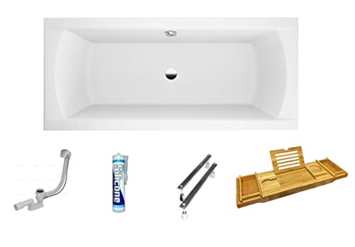 ECOLAM Badewanne Wanne Rechteck Ines Polimat Design Acryl weiß 190x90 cm + Bambus Ablage + Ablaufgarnitur Ab- und Überlauf Automatik Füße Silikon, Rechteckbadewanne für Zwei von ECOLAM