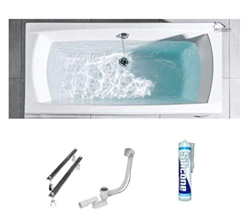 ECOLAM Badewanne Wanne Rechteck Ines Polimat Design Acryl weiß 170x75 cm + Ablaufgarnitur Ab- und Überlauf Automatik Füße Silikon, Rechteckbadewanne für Zwei von ECOLAM