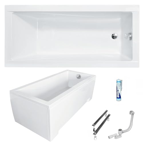 ECOLAM Badewanne Modern 170x70 cm Schürze | Acrylwanne Rechteck | Wanne Design | Komplett-Set Ablaufgarnitur Ab- und Überlauf Automatik Füße + Silikon Acryl weiß von ECOLAM