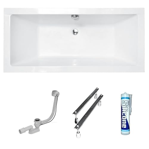 ECOLAM Badewanne Wanne Rechteck Quadro Design Acryl weiß 165x75 cm + Ablaufgarnitur Ab- und Überlauf Automatik Füße Silikon Komplett-Set, Rechteckbadewanne für zwei von ECOLAM