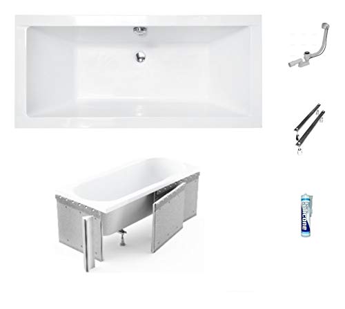 ECOLAM Badewanne Wanne Rechteck Quadro Design Acryl weiß 190x90 cm + Styroporverkleidung zum Verfliesen + Ablaufgarnitur Ab- und Überlauf Automatik Füße Silikon Komplett-Set von ECOLAM