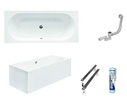 ECOLAM Badewanne Wanne Rechteckbadewanne für Zwei Modern Design Acryl weiß Vitae 180x80 cm + Schürze Ablaufgarnitur Ab- und Überlauf Automatik Füße Silikon Komplett-Set von ECOLAM