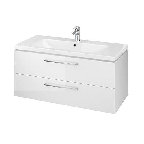 ECOLAM Badmöbel Waschtisch Waschbecken Como 100 cm + Schrank Lara Waschbecken mit Unterschrank 2 Schubladen weiß + Click Clack + Flaschensiphon, modernes Design von ECOLAM