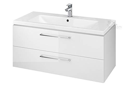 ECOLAM Badmöbel Waschtisch Waschbecken Como 60/80 / 100 cm + Schrank Lara Waschbecken mit Unterschrank 2 Schubladen weiß glänzend (100 cm) von ECOLAM