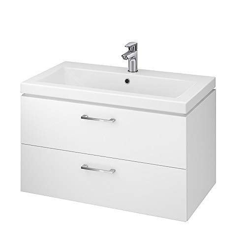 ECOLAM® Badmöbel Waschtisch Waschbecken Como 80 cm + Unterschrank Lara Waschbecken mit Unterschrank 2 Schubladen weiß glänzend - Griffe aus Metall verchromt ECOLAM® Badmöbel Waschtisch Waschbecken Como 80 cm + Unterschrank Lara Waschbecken mit Unterschrank 2 Schubladen weiß glänzend - Griffe aus Metall verchromt von ECOLAM