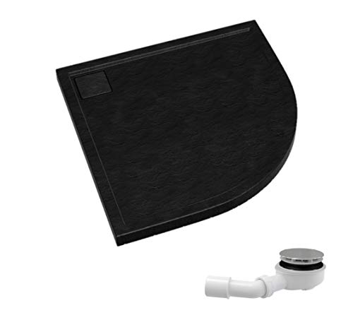 ECOLAM Duschwanne Duschtasse flach Omega Black Viertelkreis R55 cm 90x90 x 5 cm / 1,8 cm Tiefe flach Stein Effekt schwarz + Siphon von ECOLAM